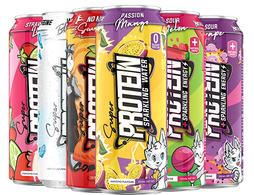 A range of flavored Nexus Super Protein Sparkling Water RTD cans, each with a colorful and distinct design.